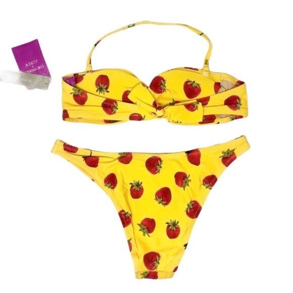J. Crew Edie Parker Saffron Strawberry Print Bandeau High leg Bikini XXS NWT - Picture 7 of 9